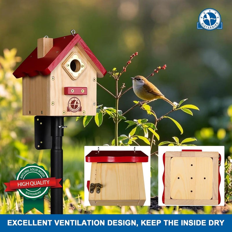 SISTERBIRD Wren Bird House, Premium Wooden Bird Houses for Outside, Classic Cabin Design Birdhouses for Outdoors, Hanging Bird House, Red-Breasted Nuthatch Wren Chickadee - Image 2